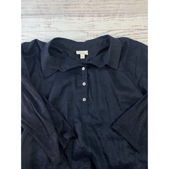 J. Jill  Love Linen Navy Linen Tunic Top  3/4 Knit Sleeve Woven Front - Picture 10 of 13